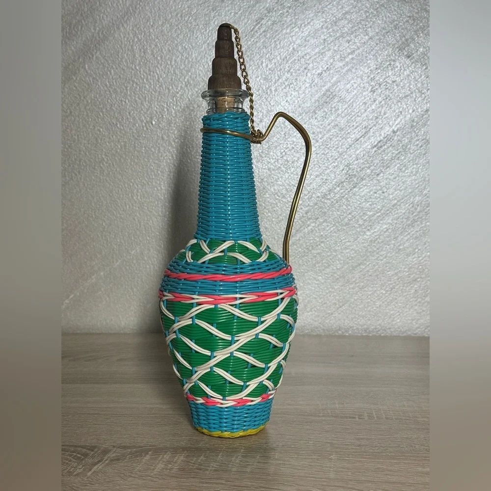 Vintage Spain Wine Bottle Plastic Woven Wicker Metal Handle